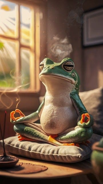 grenouille qui essaie de se détendre en méditant, en se relaxant.